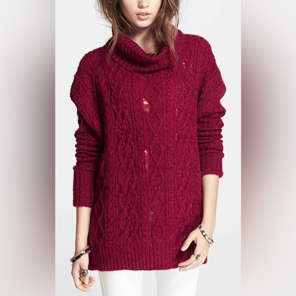 FREE PEOPLE Deep Red Complex Cable Knit Cowl Neck Pullover Sweater